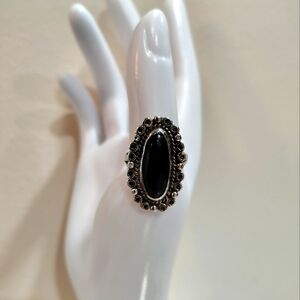 Vintage Sterling Silver 925 Mexico Black Onyx Statement Ring Boho Gothic 7.5‎